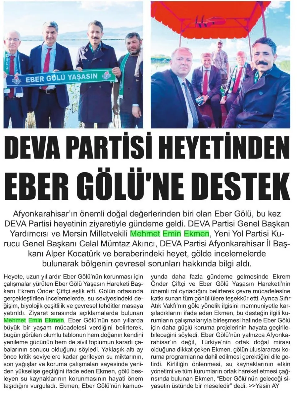 DEVA PARTİSİ HEYETİNDEN EBER GÖLÜ'NE DESTEK — gazete kupürü