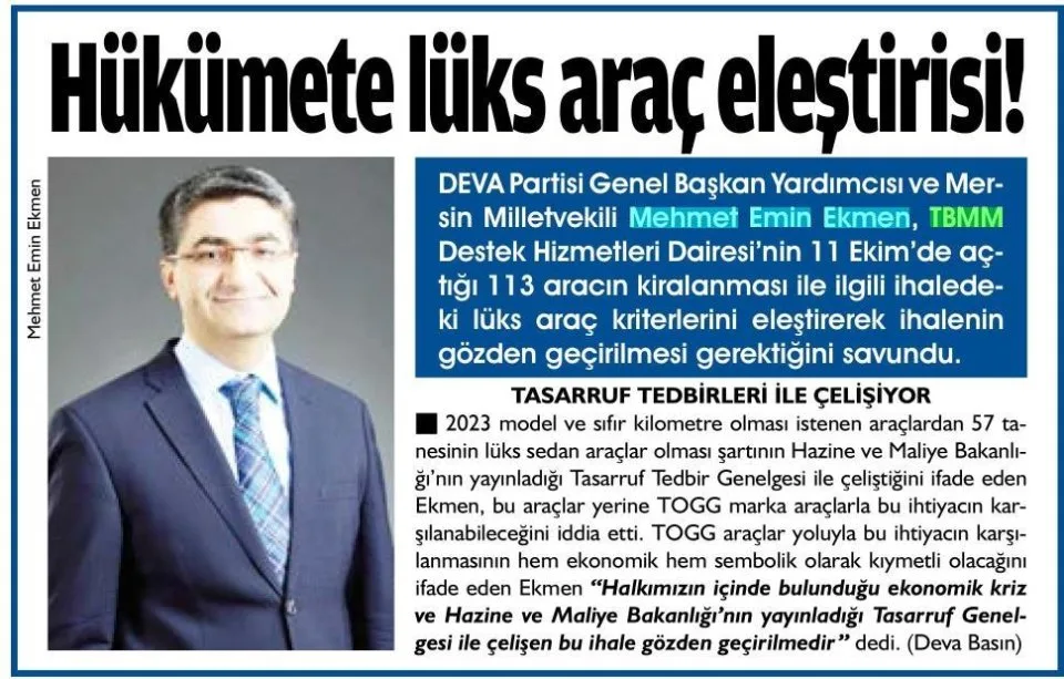 HÜKÜMETE LÜKS ARAÇ ELEŞTİRİSİ! — gazete kupürü