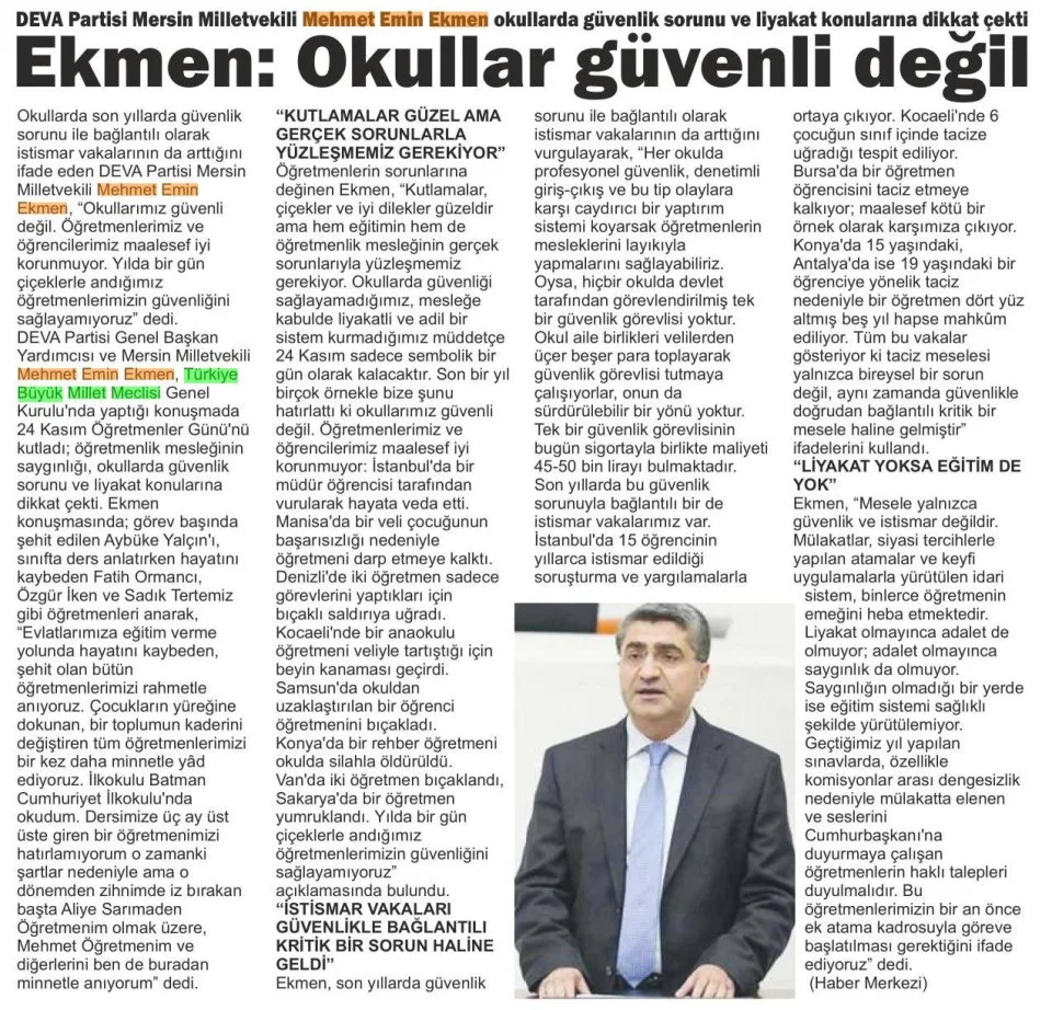 EKMEN : OKULLAR GÜVENLİ DEĞİL — gazete kupürü