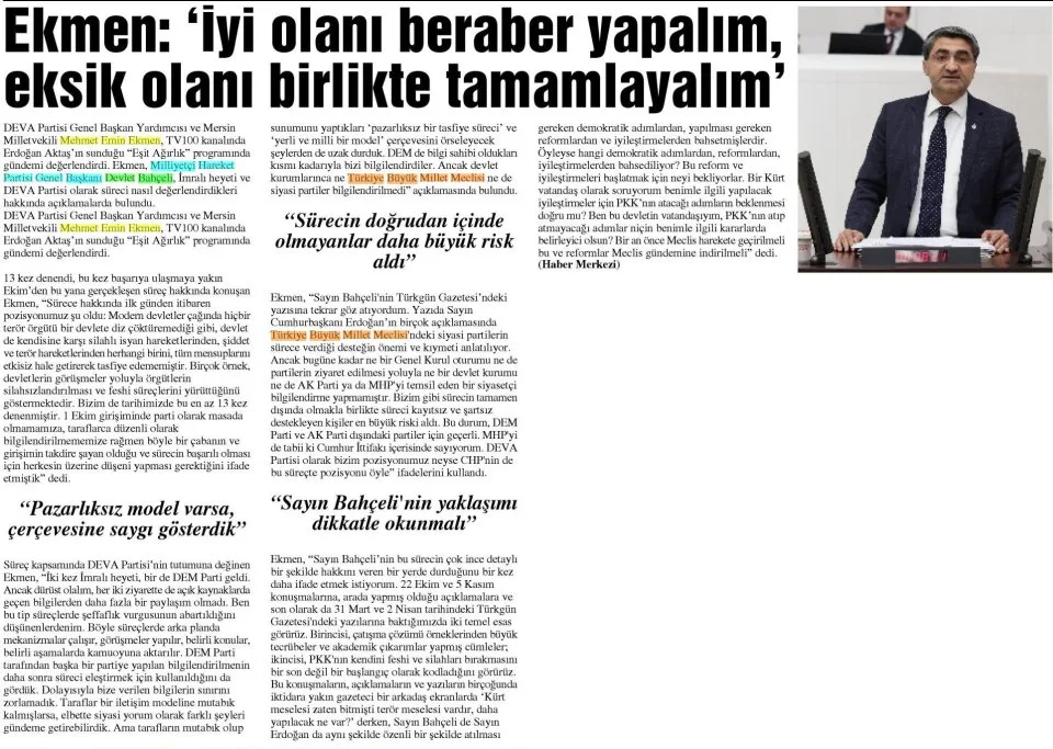 EKMEN. İYİ OLANI BERABER YAPALIM, EKSİK OLANI BİRLİKTE TAMAMLAYALIM — gazete kupürü