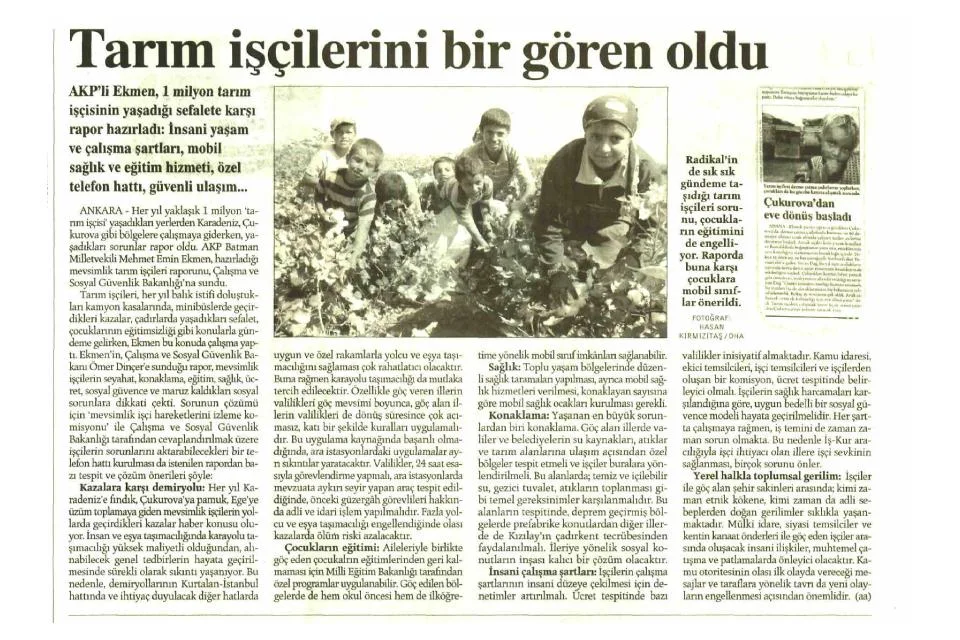 Tarım işçilerini bir gören oldu — gazete kupürü