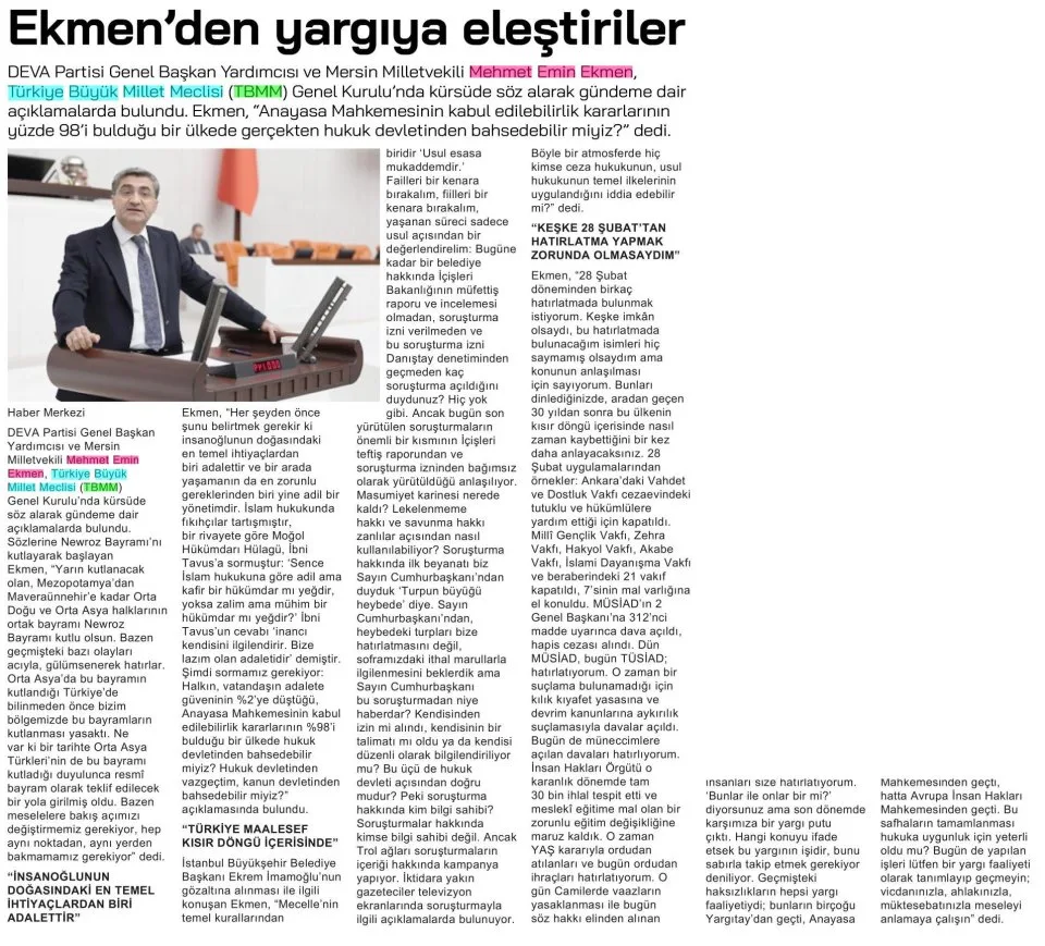 EKMEN'DEN YARGIYA ELEŞTİRİLER — gazete kupürü