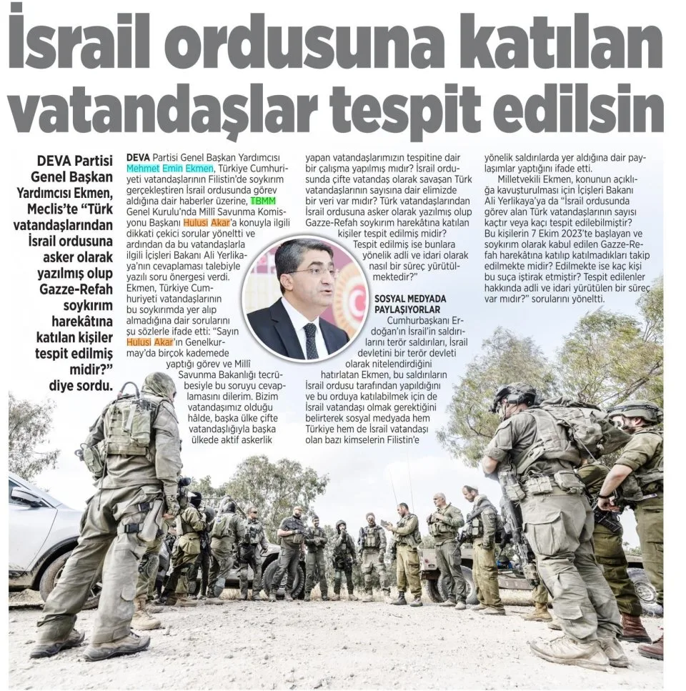 İSRAİL ORDUSUNA KATILAN VATADAŞLAR TESPİT EDİLSİN — gazete kupürü