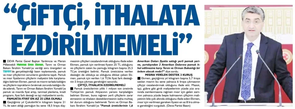 'ÇİFTÇİ, İTHALATA EZDİRİLMEMELİ" — gazete kupürü