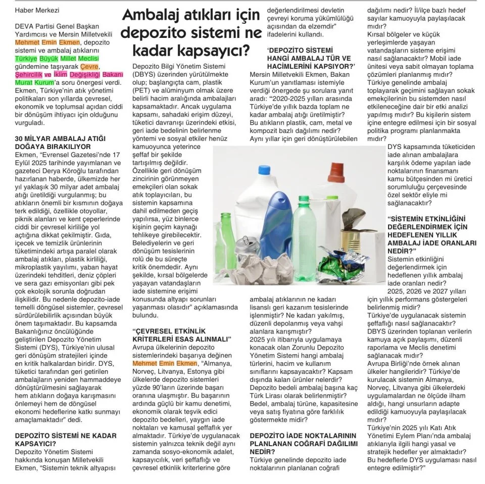 AMBALAJ ATIKLARI İÇİN DEPOZİTO SİSTEMİ NE KADAR KAPSAYICI? — gazete kupürü