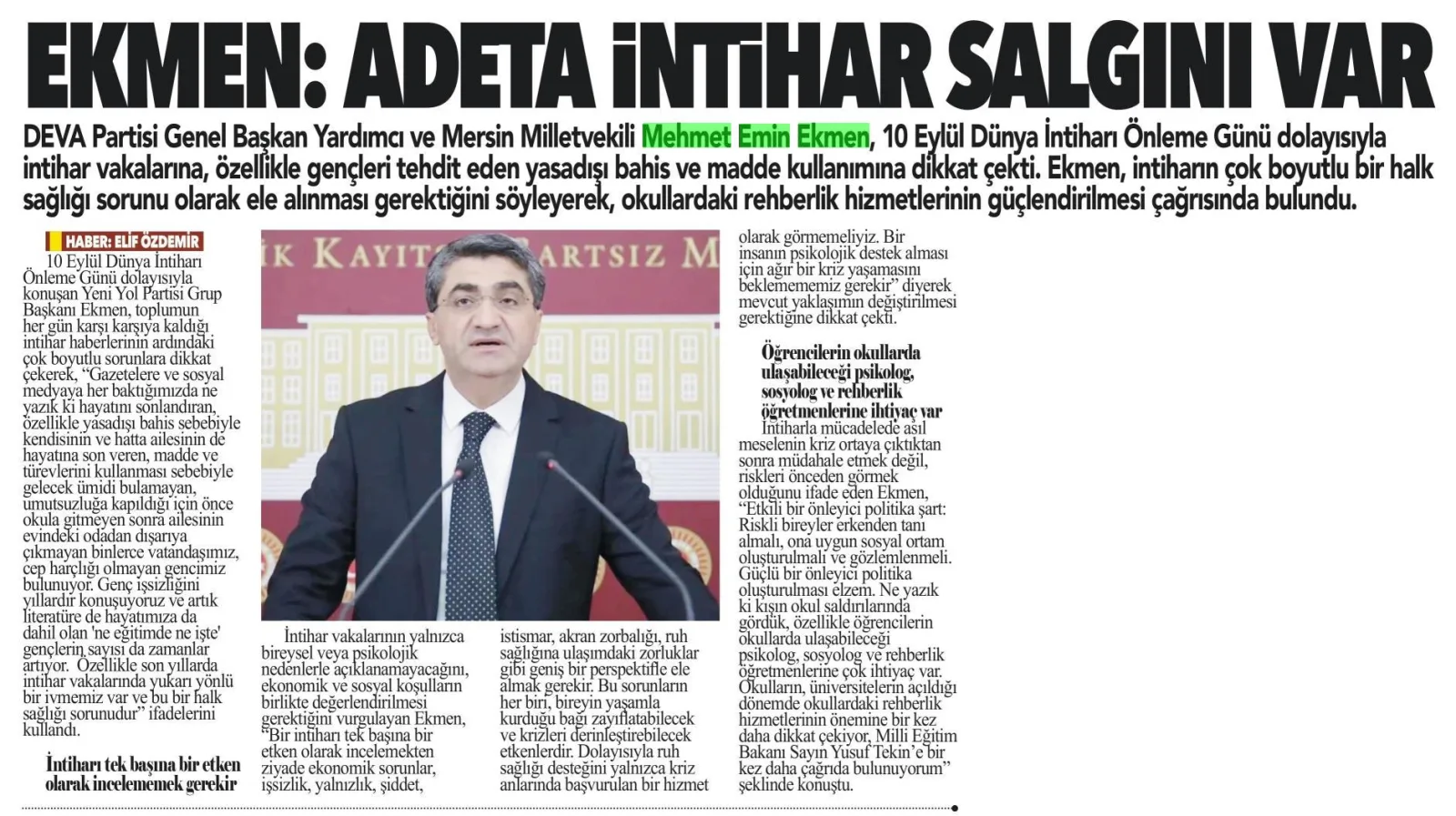 EKMEN : ADETA İNTİHAR SALGINI VAR — gazete kupürü