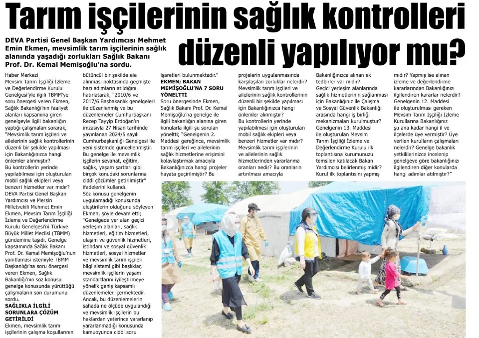 TARIM İŞÇİLERİNİN SAĞLIK KONTROLLERİ DÜZENLİ YAPILIYOR MU ? — gazete kupürü
