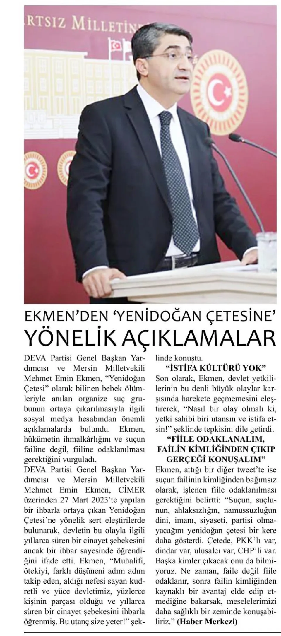 EKMEN'DEN 'YENİDOĞAN ÇETESİNE' YÖNELİK AÇIKLAMALAR — gazete kupürü