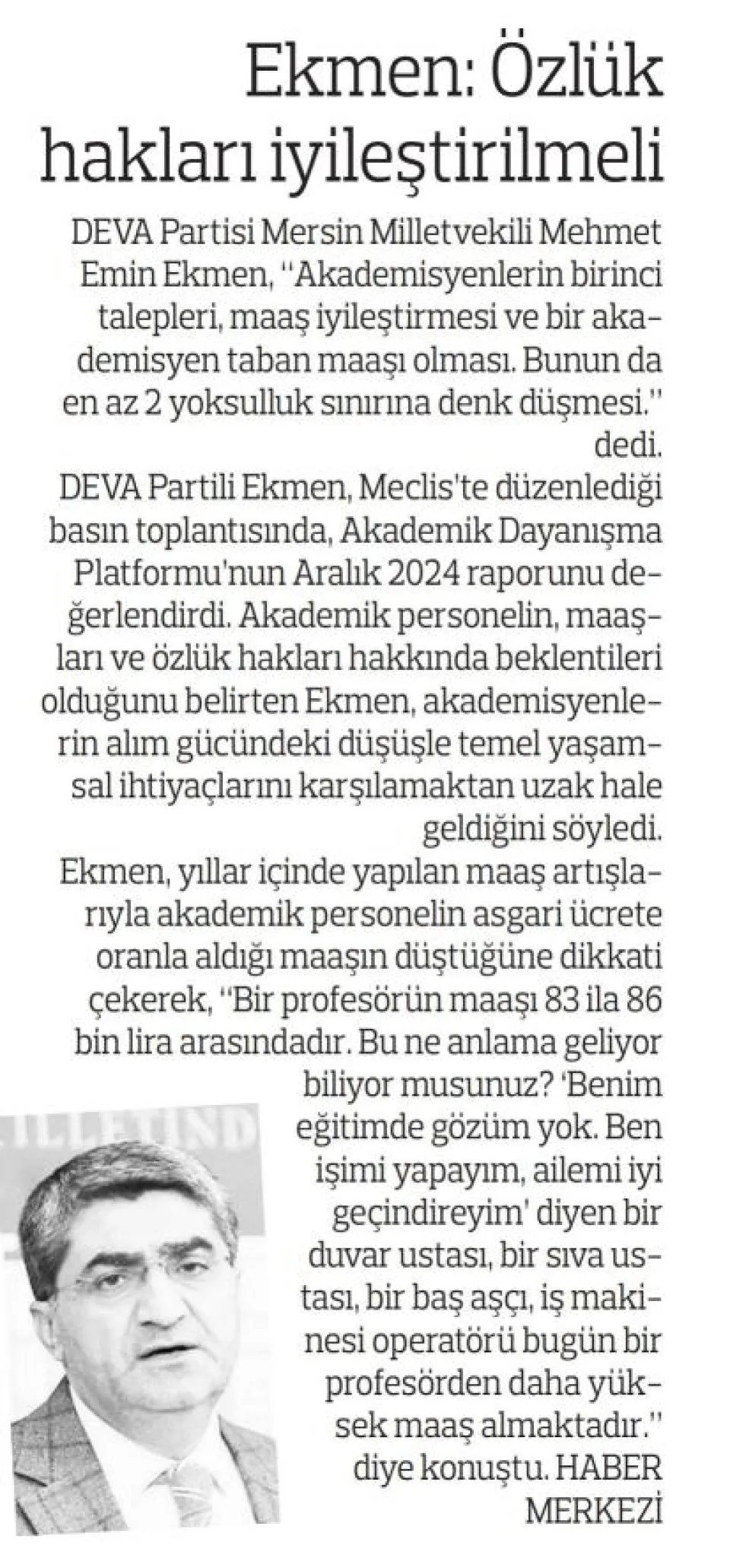 EKMEN: ÖZLÜK HAKLARI İYİLEŞTİRİLMELİ — gazete kupürü
