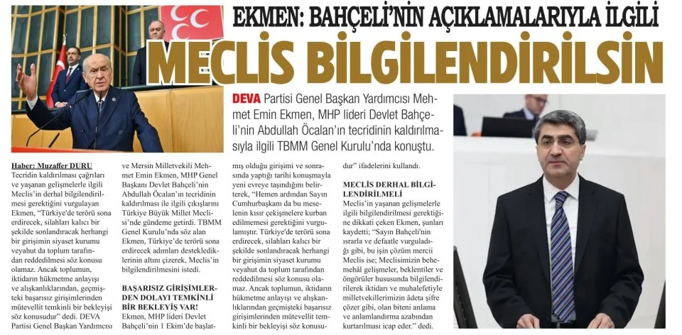 EKMEN: MECLİS BİLGİLENDİRİLSİN — gazete kupürü