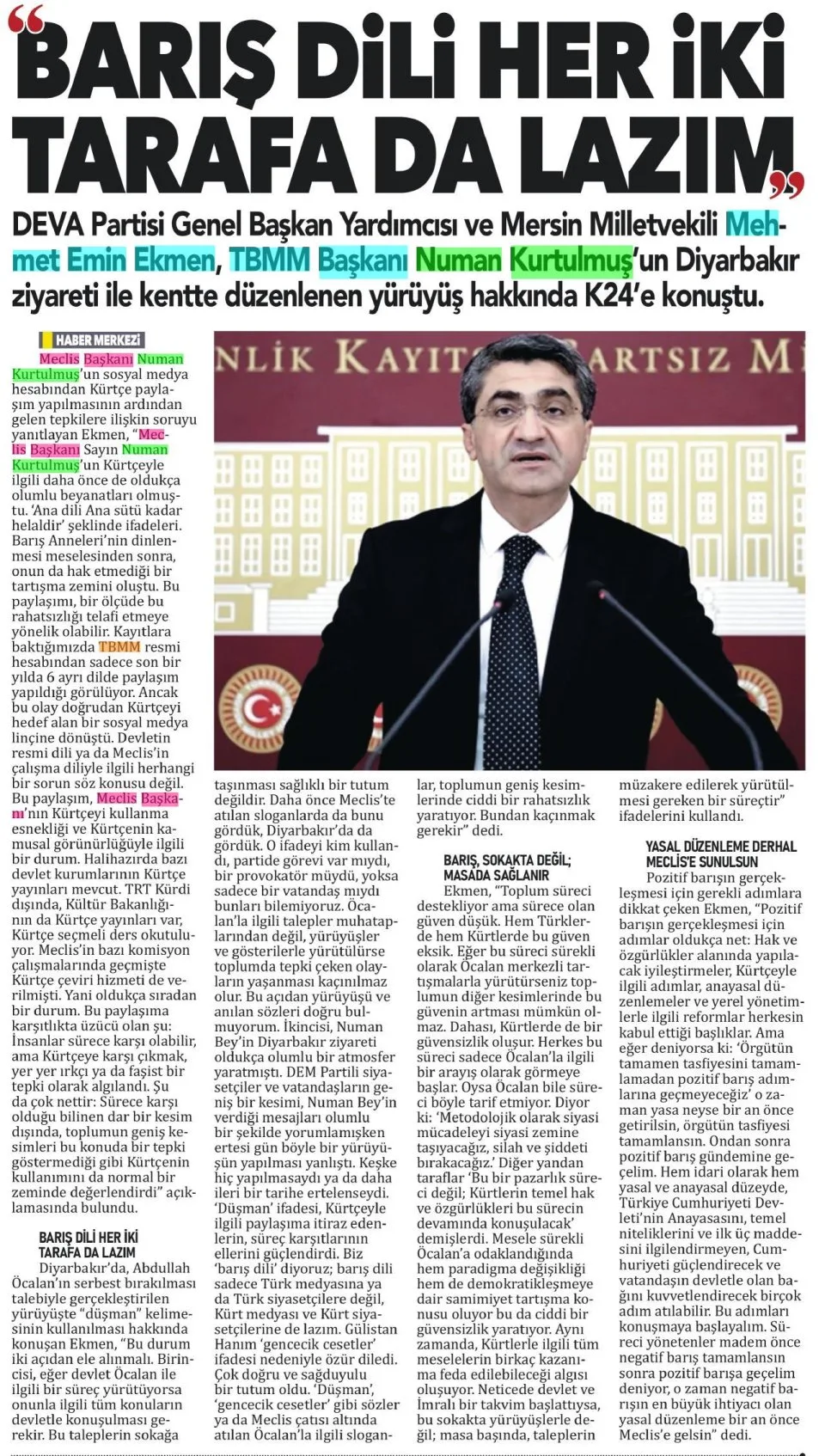 BARIŞ DİLİ HER İKİ TARAFA DA LAZIM — gazete kupürü