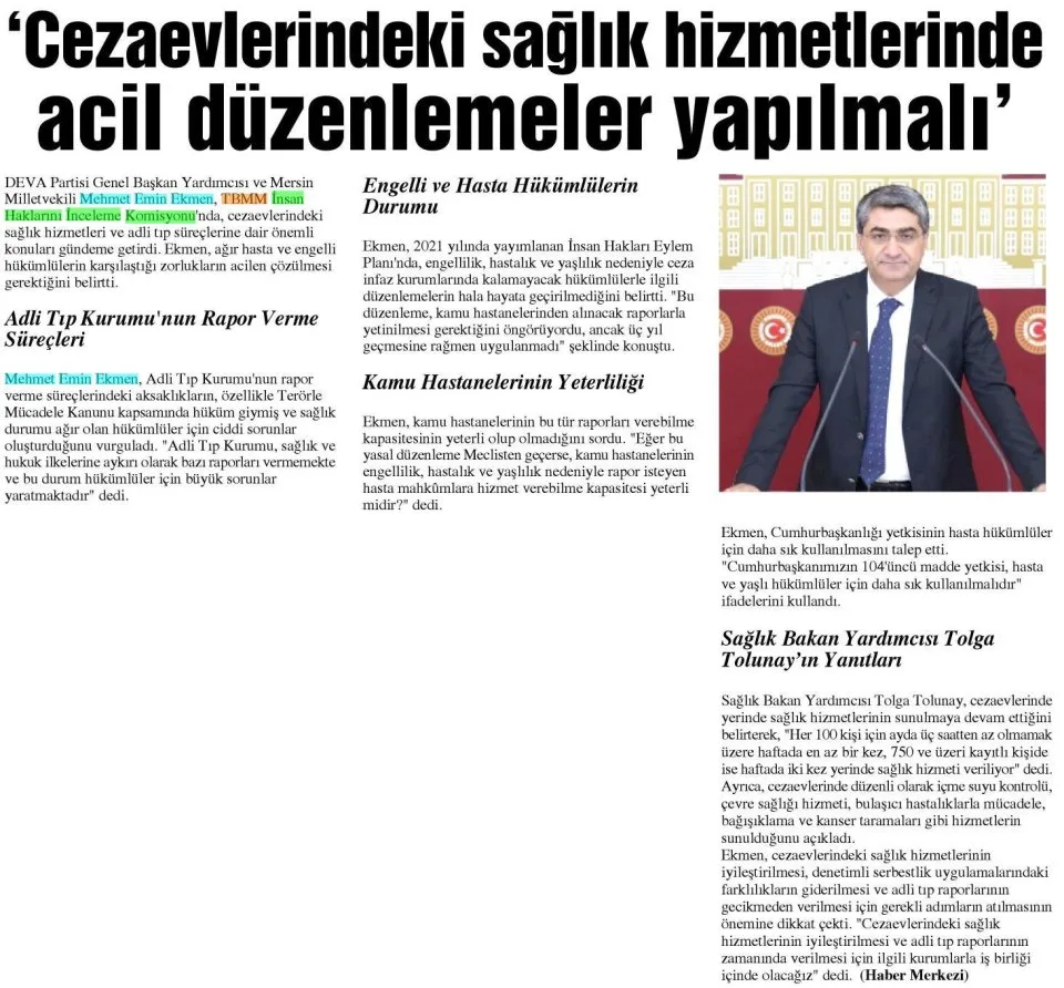 'CEZAEVLERİNDEKİ SAĞLIK HİZMETLERİNDE ACİL DÜZENLEMELER YAPILMALI' — gazete kupürü