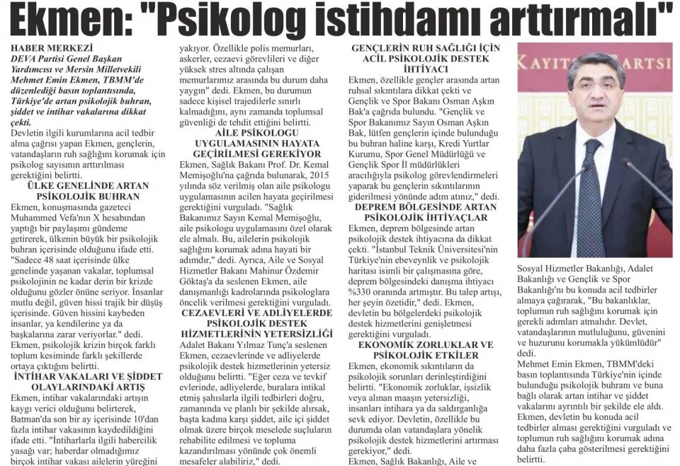 EKMEN: PSİKOLOG İSTİHDAMI ARTTIRMALI — gazete kupürü