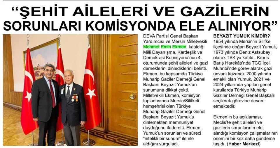 "ŞEHİT AİLELERİ VE GAZİLERİN SORUNLARI KOMİSYONDA ELE ALINIYOR" — gazete kupürü