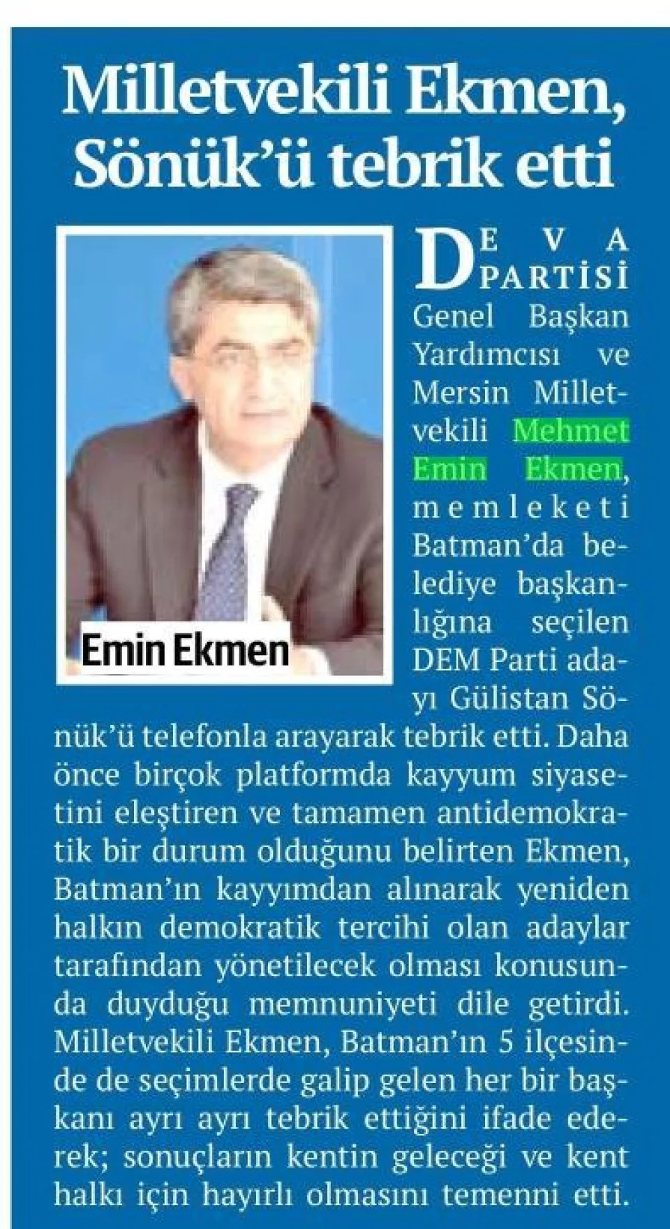MİLLETVEKİLİ EKMEN, SÖNÜK'Ü TEBRİK ETTİ — gazete kupürü