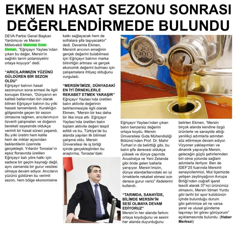 EĞRİÇAYIR YAYLASI MERSİN'İN TARIM POTANSİYELİNİ GÖSTERİYOR — gazete kupürü