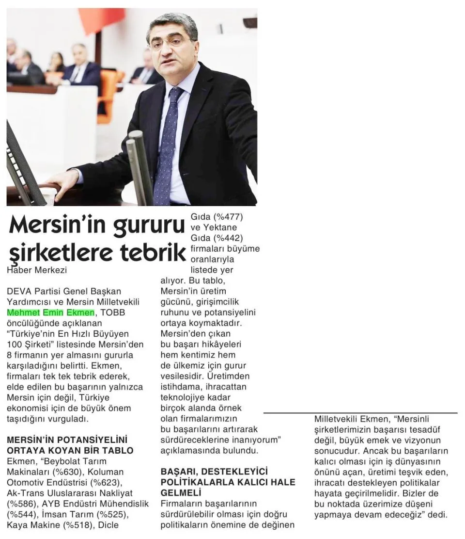 MERSİN'İN GURURU ŞİRKETLERE TEBRİK — gazete kupürü
