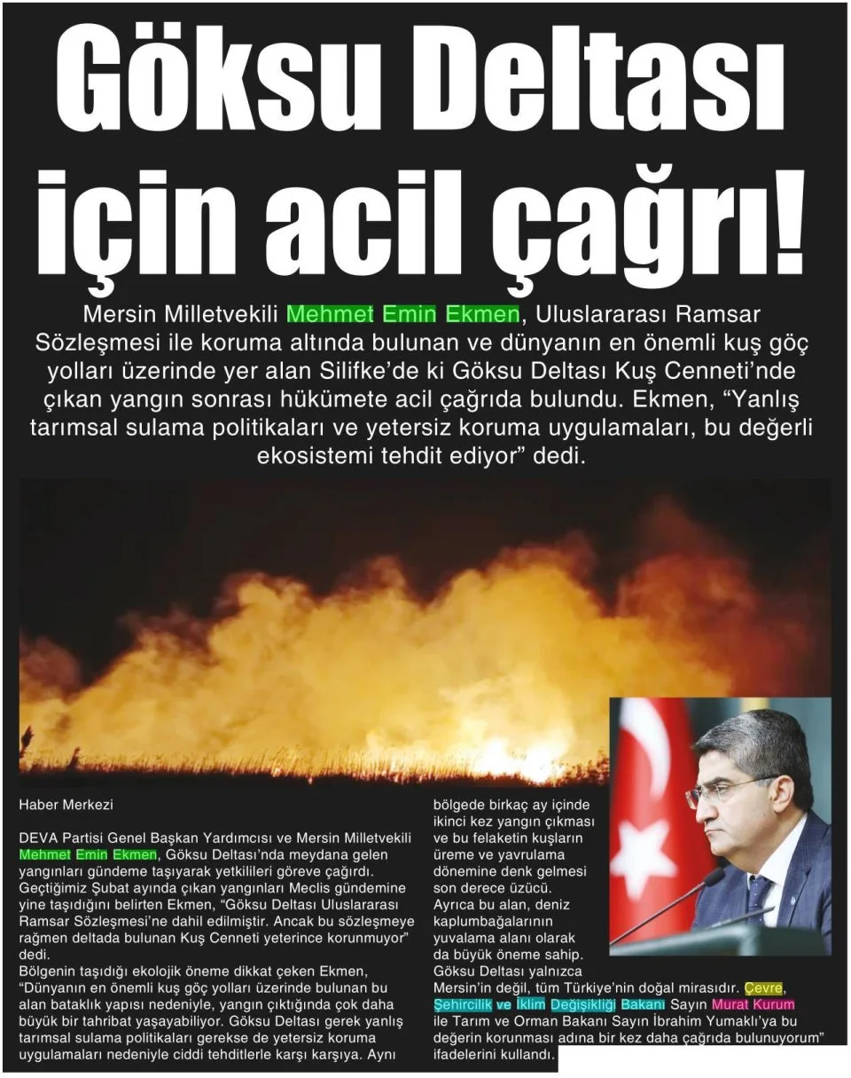 GÖKSU DELTASI İÇİN ACİL ÇAĞRI — gazete kupürü