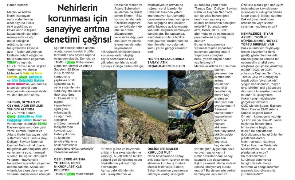NEHİRLERİN KORUNMASI İÇİN SANAYİYE ARITMA DENETİMİ ÇAĞRISI — gazete kupürü