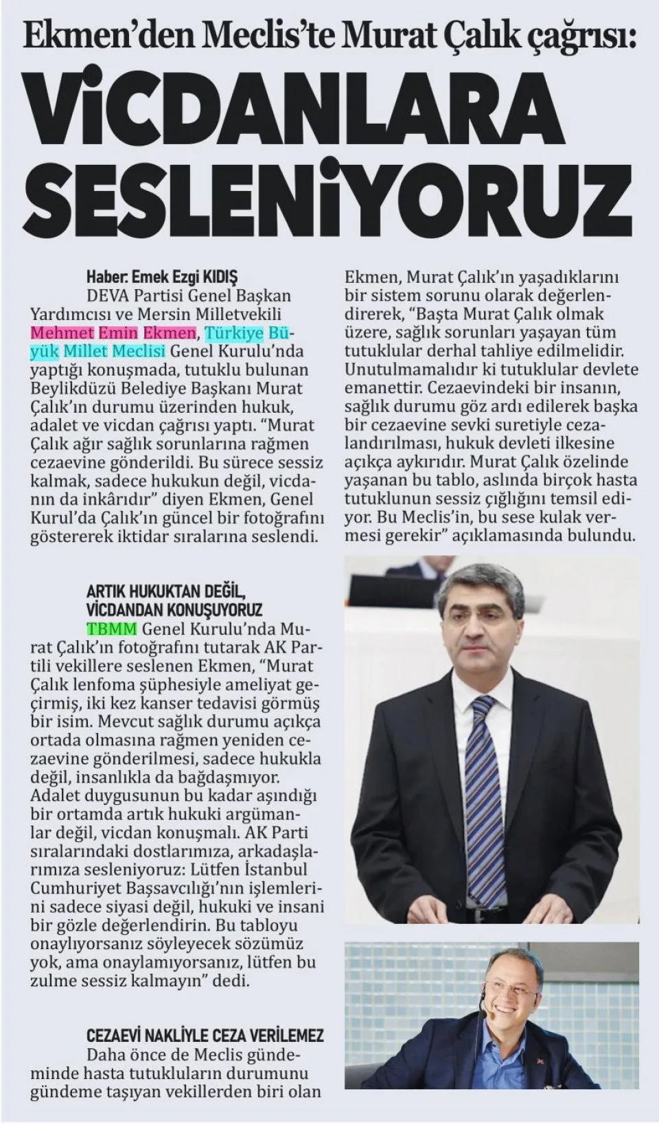 EKMEN'DEN MECLİS'TE MURAT ÇALIK ÇAĞRISI — gazete kupürü