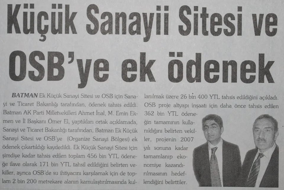 Küçük Sanayi Sitesi ve OSB'ye ek ödenek — gazete kupürü