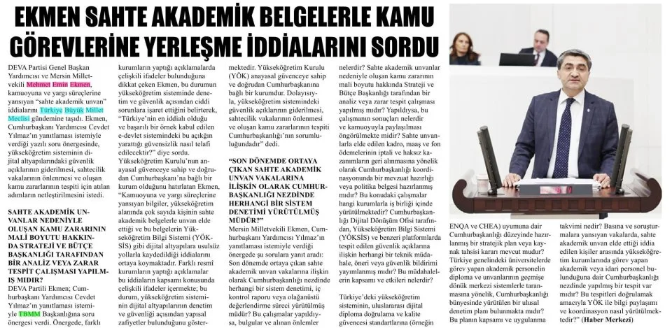 AKADEMİDE SAHTE UNVAN İDDİALARI MECLİS GÜNDEMİNDE — gazete kupürü