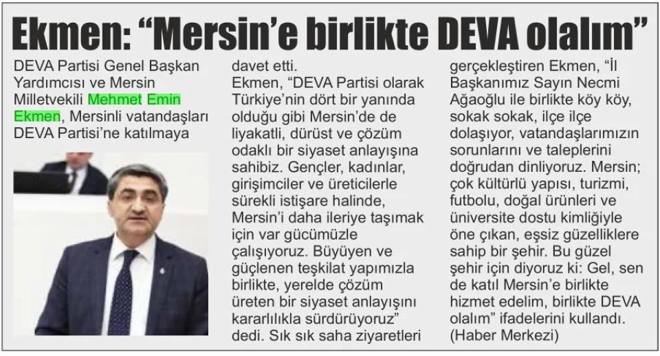 EKMEN: "MERSİN'E BİRLİKTE DEVA OLALIM" — gazete kupürü