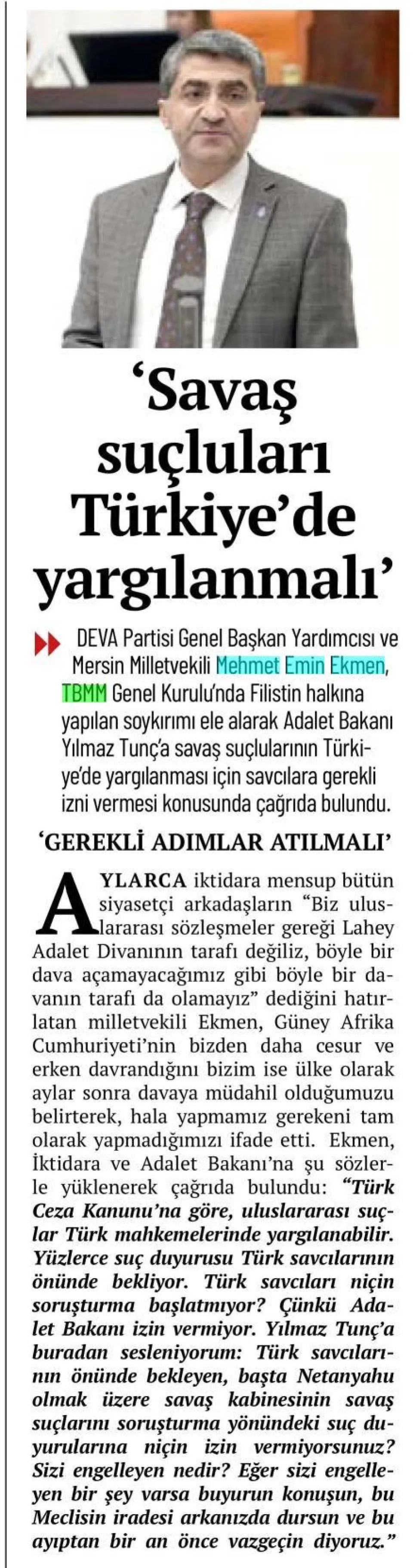 SAVAŞ SUÇLULARI TÜRKİYE'DE YARGILANMALI — gazete kupürü