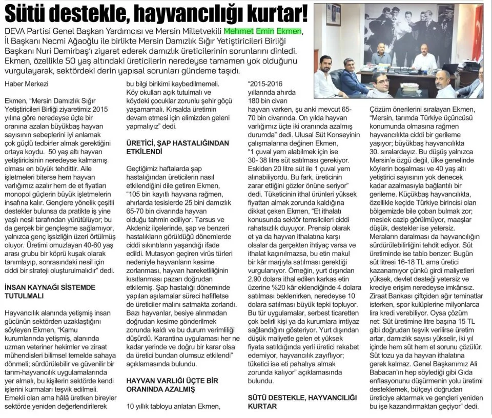 HAYVANCILIKTA AİLE İŞLETMELERİ AYAKTA TUTULMALI! — gazete kupürü