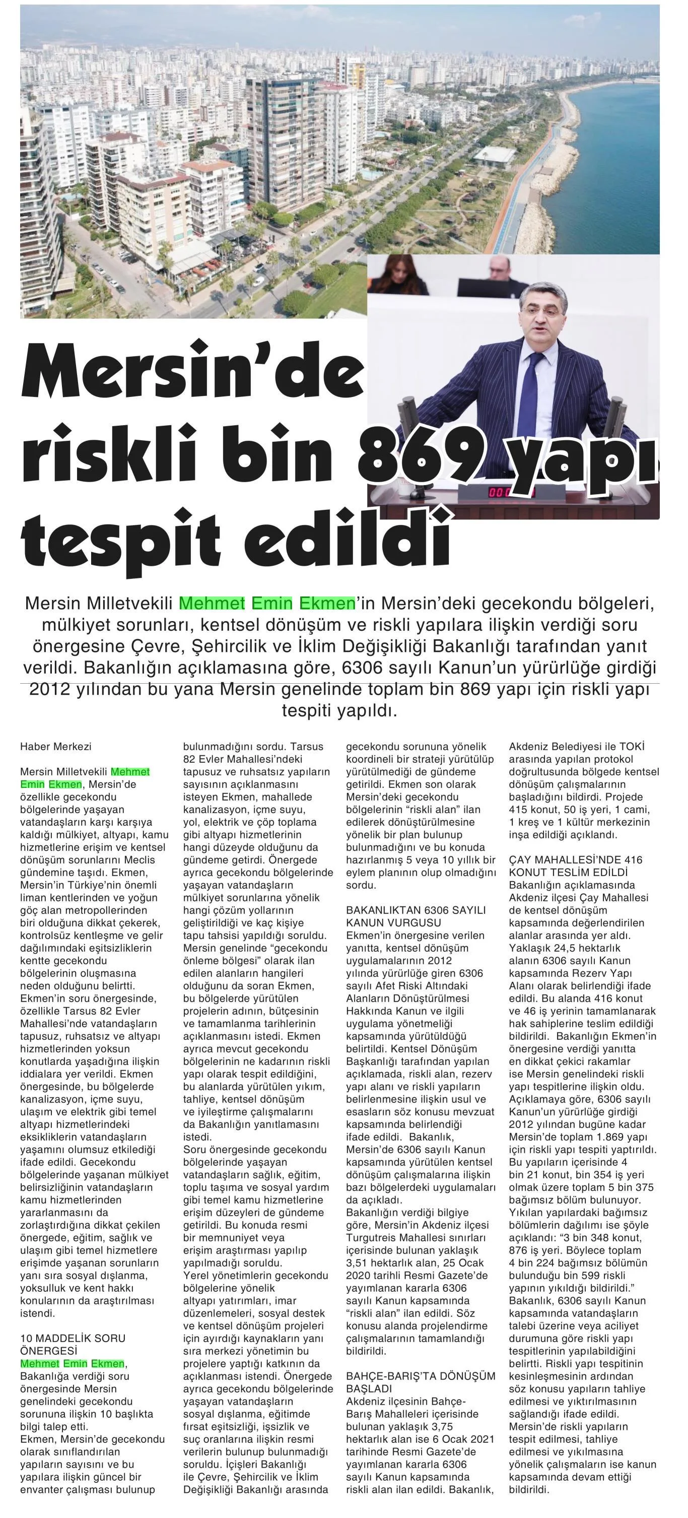 MERSİN'DE BİN 869 YAPI RİSKLİ TESPİT EDİLDİ — gazete kupürü (2. parça)