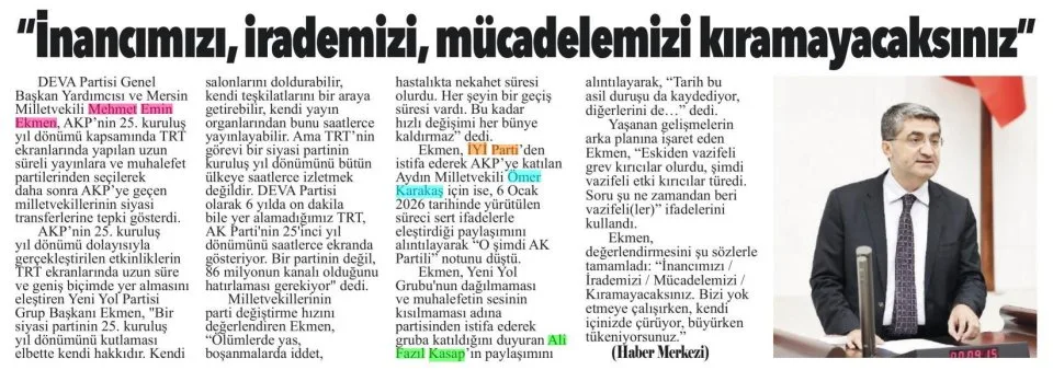 "İNANCIMIZI, İRADEMİZİ, MÜCADELEMİZİ KIRAMAYACAKSINIZ" — gazete kupürü