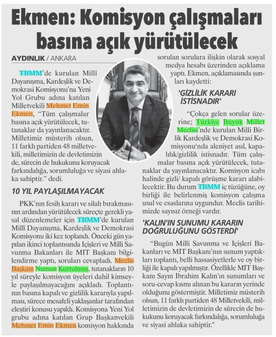 EKMEN: KOMİSYON ÇALIŞMALARI BASINA AÇIK YÜRÜTÜLECEK — gazete kupürü