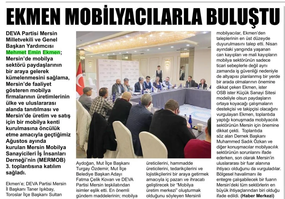EKMEN MOBİLYACILARLA BULUŞTU — gazete kupürü