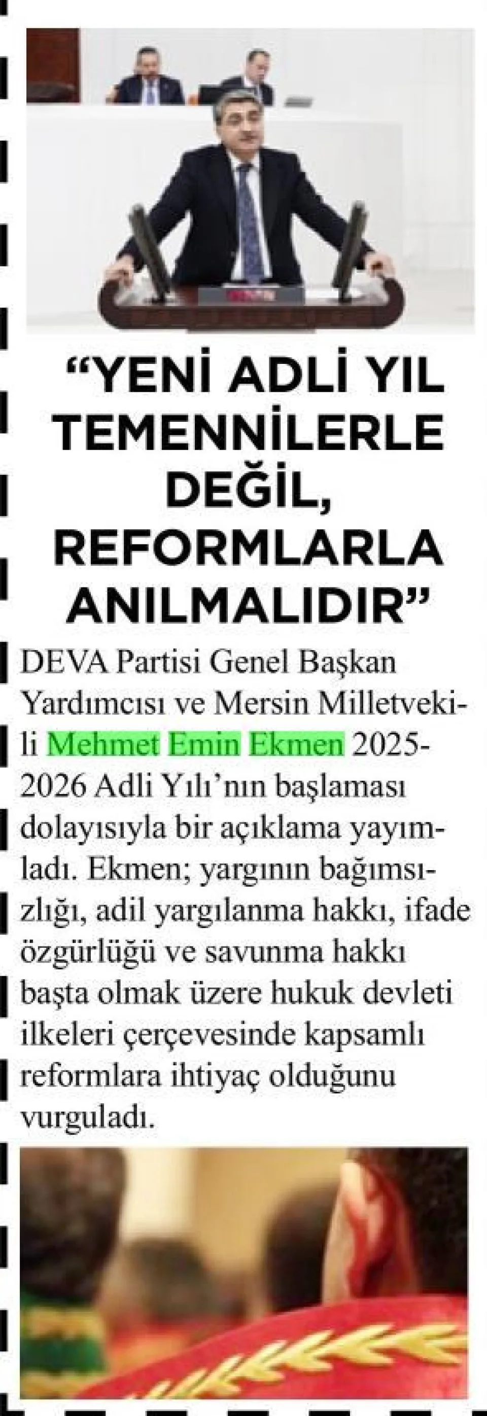 "YENİ ADLİ YIL TEMENNİLERLE DEĞİL, REFORMLARLA ANILMALIDIR" — gazete kupürü
