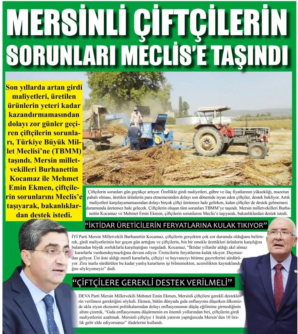 MERSİNLİ ÇİFTÇİLERİN SORUNLARINI MECLIS'E TAŞINDI — gazete kupürü
