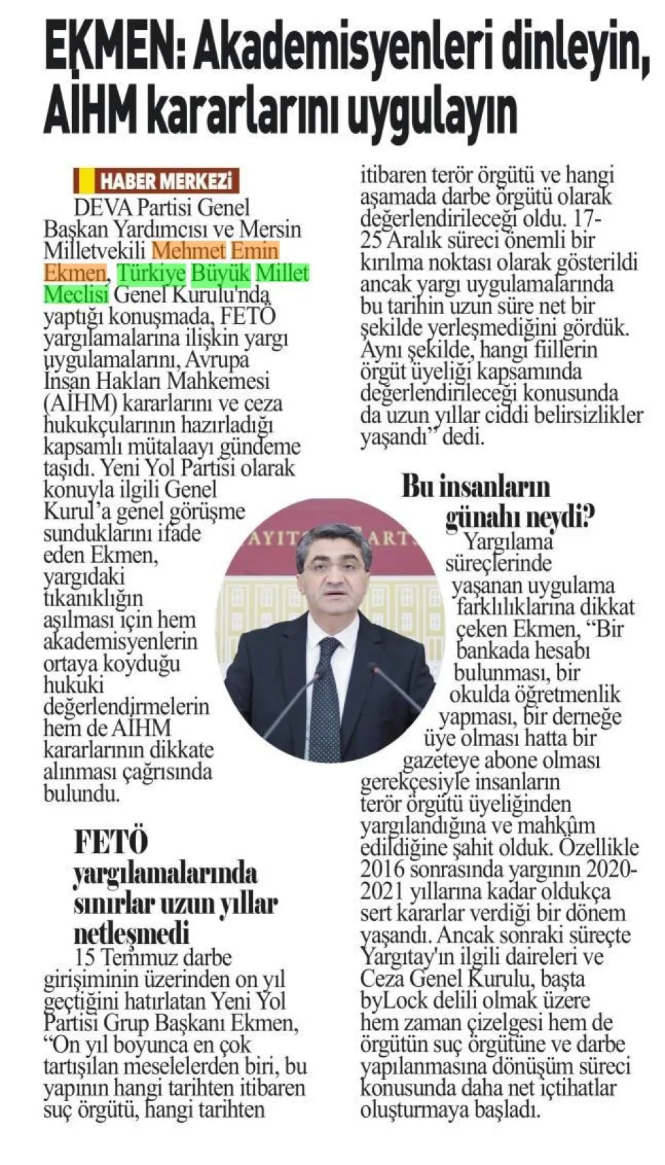 EKMEN: AKADEMİSYENLERİ DİNLEYİN, AİHM KARARLARINI UYGULAYIN — gazete kupürü