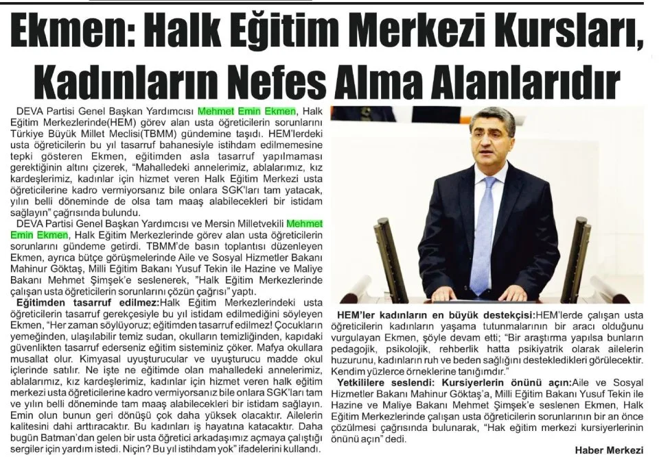 EKMEN: HALK EĞİTİM MERKEZİ KURSLARI KADINLARIN NEFES ALMA ALANLARIDIR — gazete kupürü