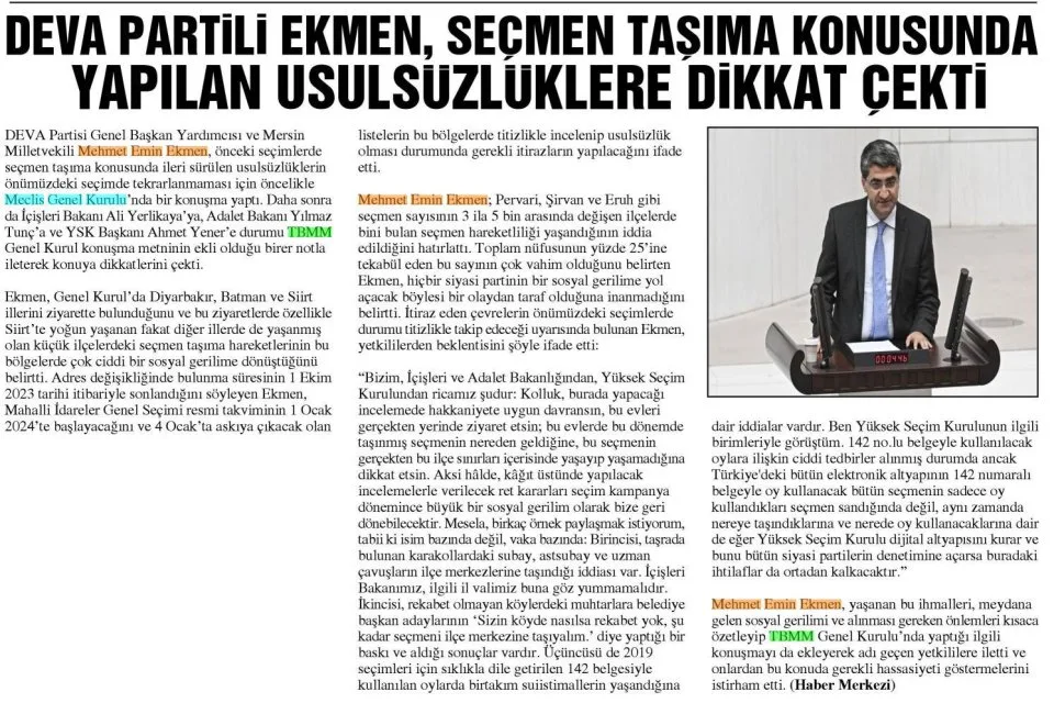 DEVA PARTİLİ EKMEN, SEÇMEN TAŞIMA KONUSUNDA YAPILAN USULSÜZLÜKLERE DİKKAT ÇEKTİ — gazete kupürü