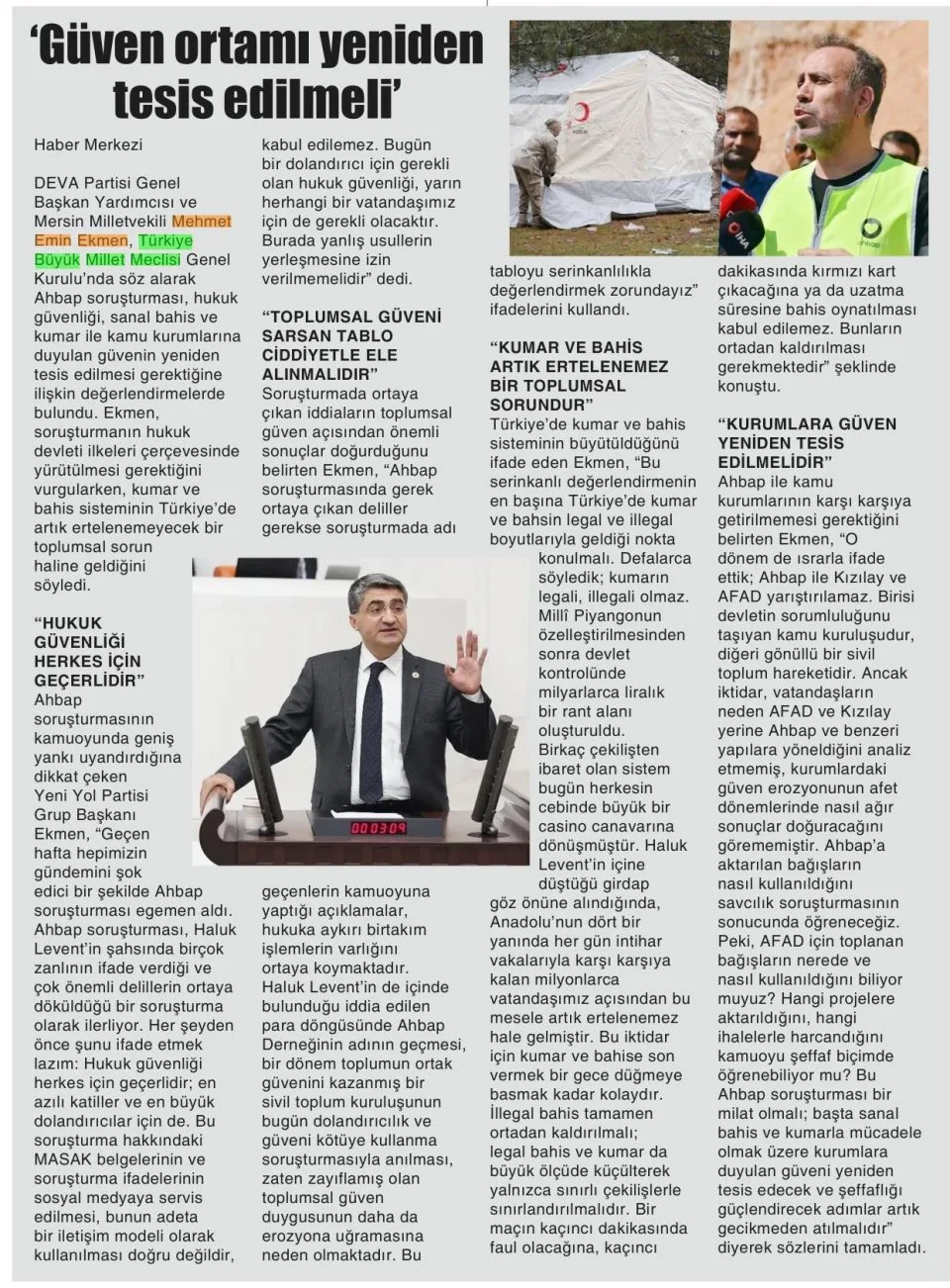 GÜVEN ORTAMI YENİDEN TESİS EDİLMELİ — gazete kupürü