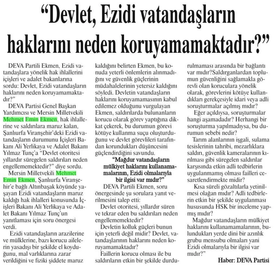 DEVLET, EZİDİ VATANDAŞLARIN HAKLARINI NEDEN KORUYAMAMAKTADIR ?' — gazete kupürü