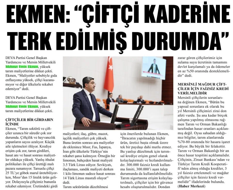 ÇİFTÇİ KAZANAMIYOR VE ÜLKELERLE REKABET EDEMİYOR — gazete kupürü