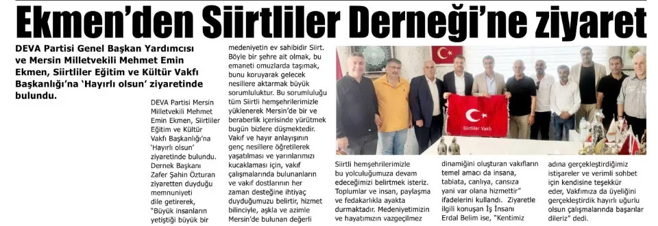 EKMEN'DEN SİİRTLİLER DERNEĞİ'NE ZİYARET — gazete kupürü