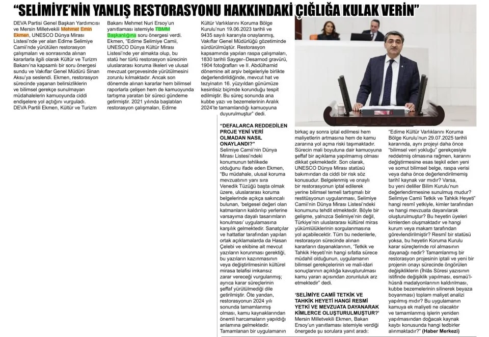 SELİMİYE'NİN YANLIŞ RESTORASYONU HAKKINDAKİ ÇIĞLIĞA KULAK VERİN — gazete kupürü