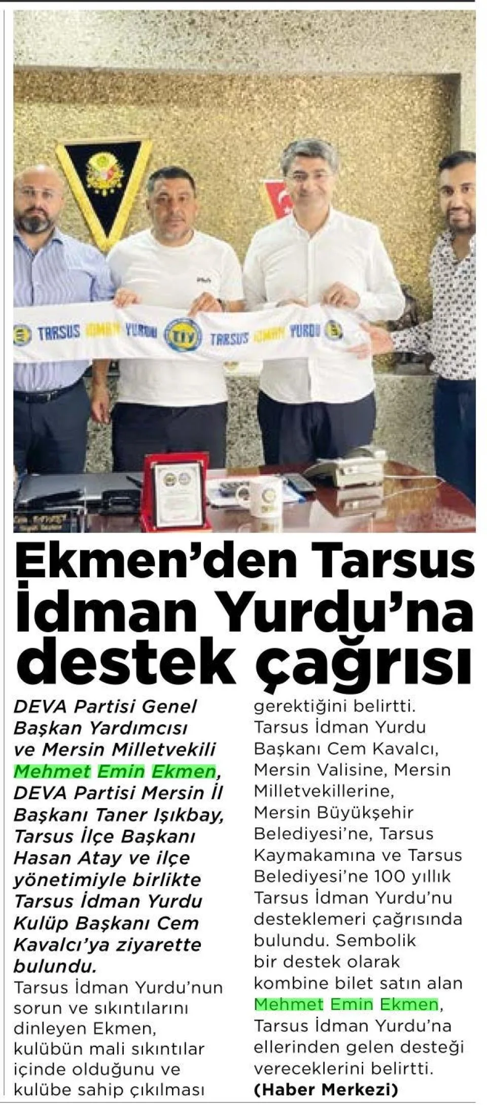 EKMEN'DEN TARSUS İDMAN YURDU'NA DESTEK ÇAĞRISI — gazete kupürü