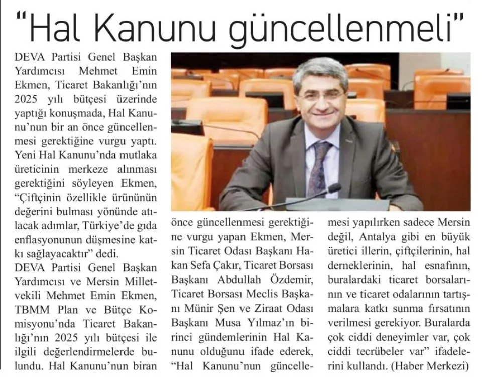 "HAL KANUNU GÜNCELLENMELİ" — gazete kupürü