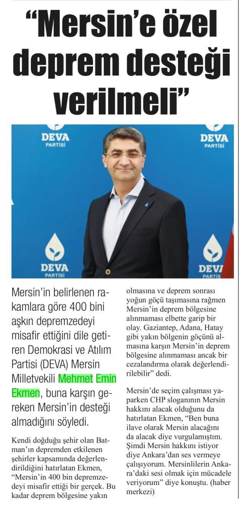 "MERSİN'E ÖZEL DEPREM DESTEĞİ VERİLMELİ" — gazete kupürü