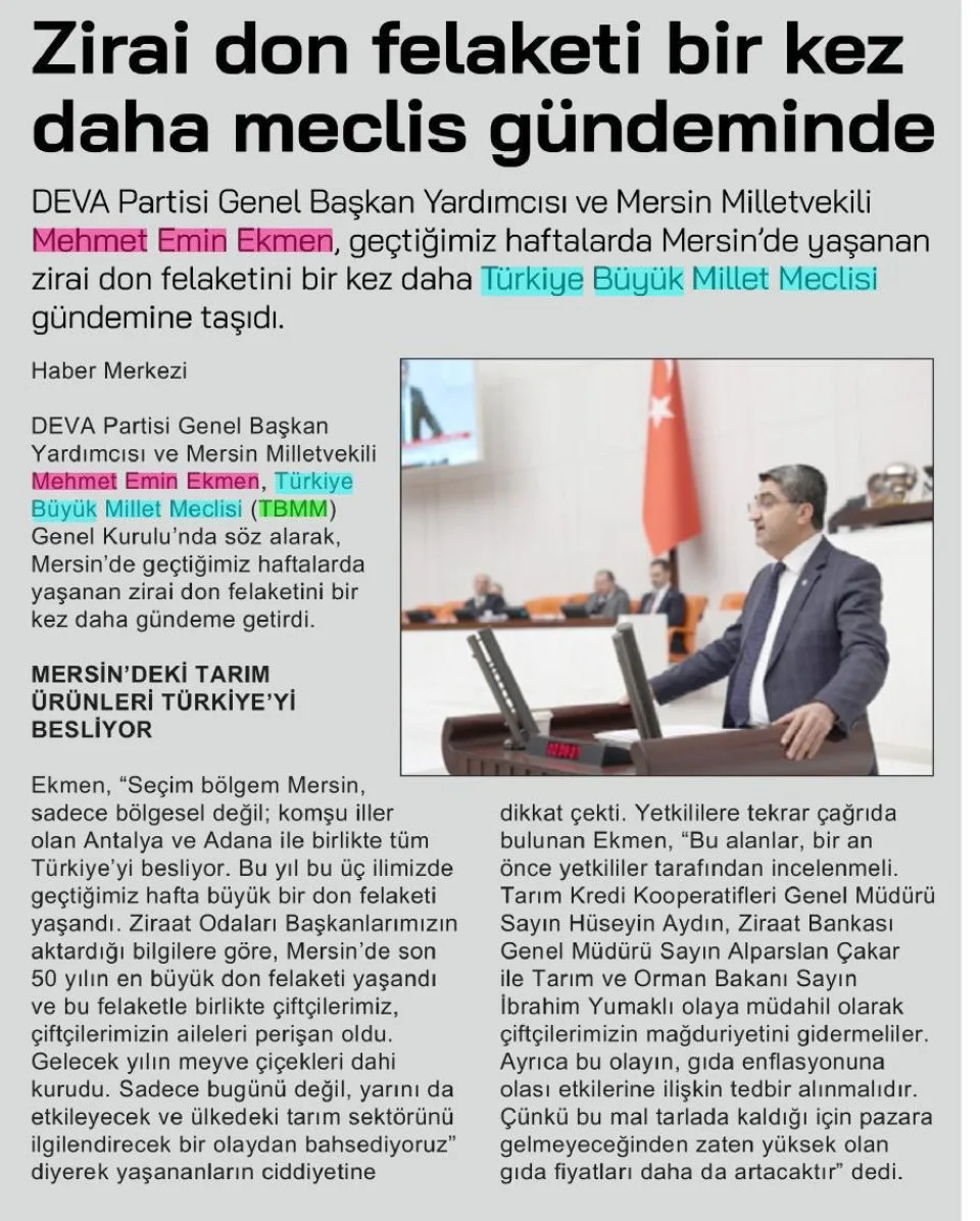 ZİRAİ DON FELAKETİ BİR KEZ DAHA MECLİS GÜNDEMİNDE — gazete kupürü