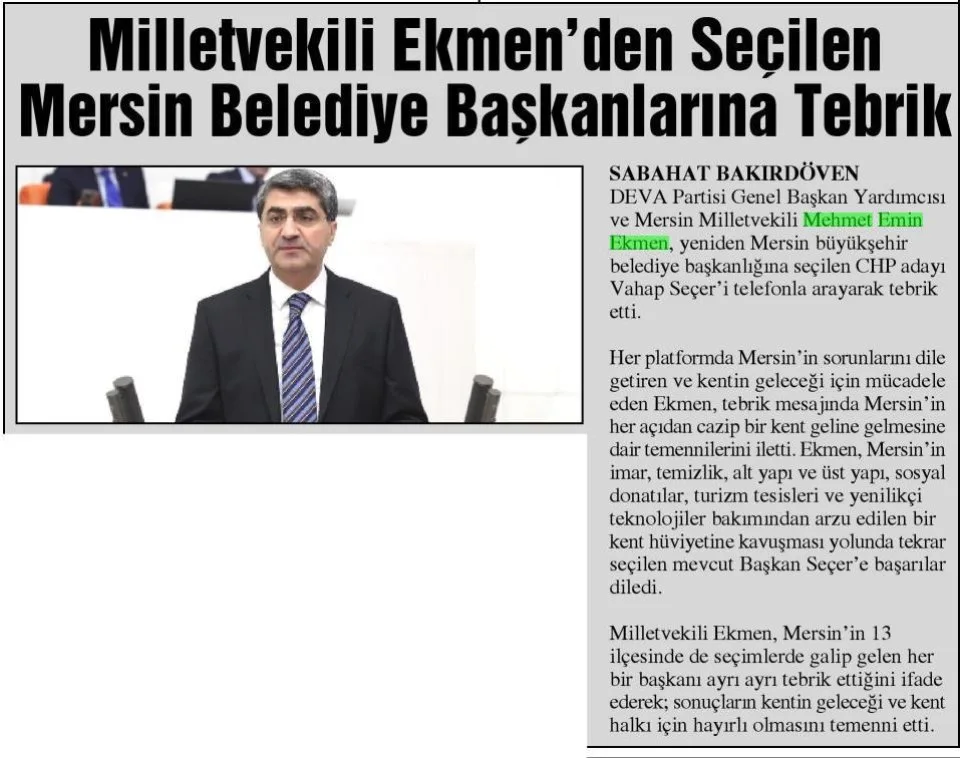MİLLETVEKİLİ EKMENDEN SEÇİLEN MERSİN BELEDİYE BAŞKANLARINA TEBRİK — gazete kupürü