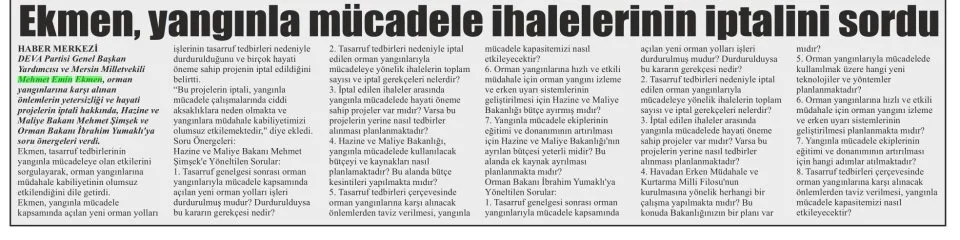 EKMEN, YANGINLA MÜCADELE İHALELERİNİN İPTALİNİ SORDU — gazete kupürü