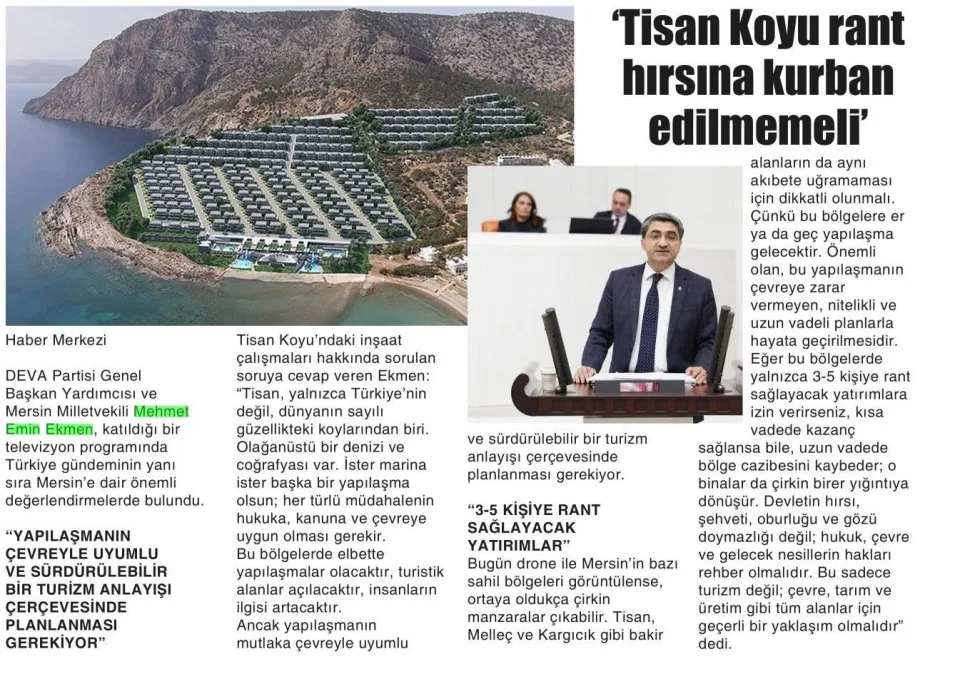 TİSAN KOYU RANT HIRSINA KURBAN EDİLMEMELİ' — gazete kupürü